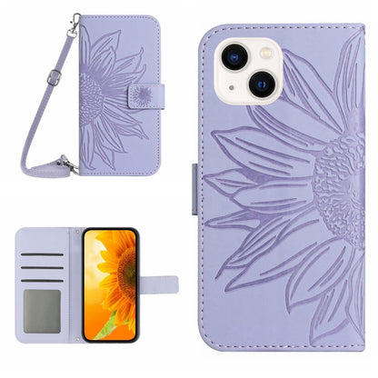 For iPhone 15 Plus Skin Feel Sun Flower Embossed Flip Leather Phone Case with Lanyard(Purple) - iPhone 15 Plus Cases by buy2fix | Online Shopping UK | buy2fix
