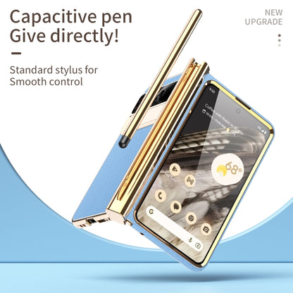 For Google Pixel Fold Litchi Pattern Electroplating Pen Slot Folding Phone Case with Stylus(Blue) - Google Cases by buy2fix | Online Shopping UK | buy2fix