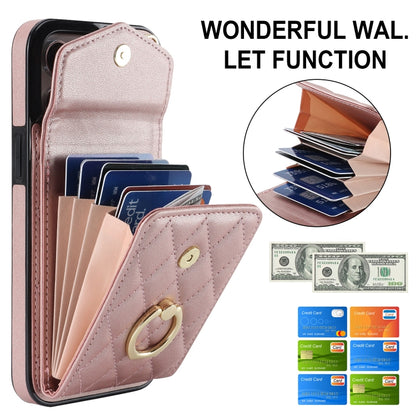 For iPhone 15 Pro Max Rhombic Texture Card Bag Phone Case with Long Lanyard(Rose Gold) - iPhone 15 Pro Max Cases by buy2fix | Online Shopping UK | buy2fix