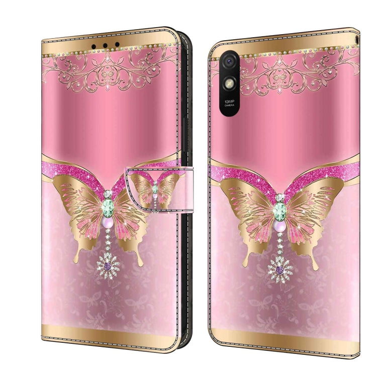 For Xiaomi Redmi 9A Crystal 3D Shockproof Protective Leather Phone Case(Pink Bottom Butterfly) - Xiaomi Cases by buy2fix | Online Shopping UK | buy2fix