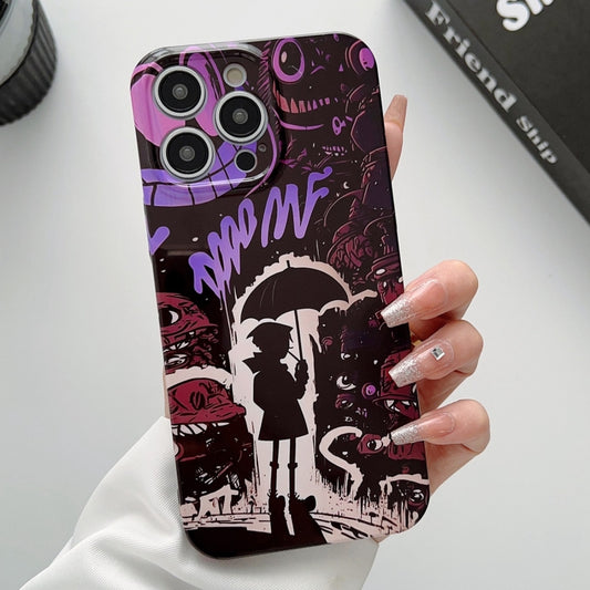 For iPhone 14 Pro Painted Pattern Precise Hole PC Phone Case(Black Purple Umbrella Boy) - iPhone 14 Pro Cases by buy2fix | Online Shopping UK | buy2fix