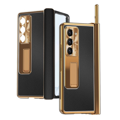 For Samsung Galaxy Z Fold5 Litchi Pattern Magnetic Shell Film Integrated Shockproof Phone Case(Black Gold) - Galaxy Z Fold5 Cases by buy2fix | Online Shopping UK | buy2fix