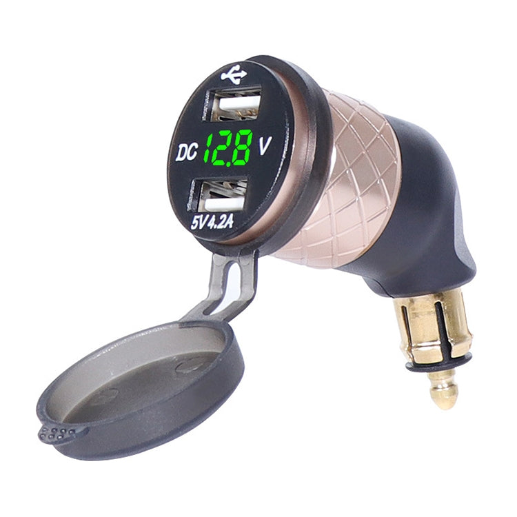 German EU Plug Special Motorcycle Elbow Charger Dual USB Voltmeter 4.2A Charger, Shell Color:Gold(Green Light) - In Car by buy2fix | Online Shopping UK | buy2fix