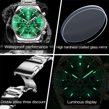 OLEVS 2870 Men Multifunctional Chronograph Three Eyes Waterproof Quartz Watch(Green + Silver) - Metal Strap Watches by OLEVS | Online Shopping UK | buy2fix