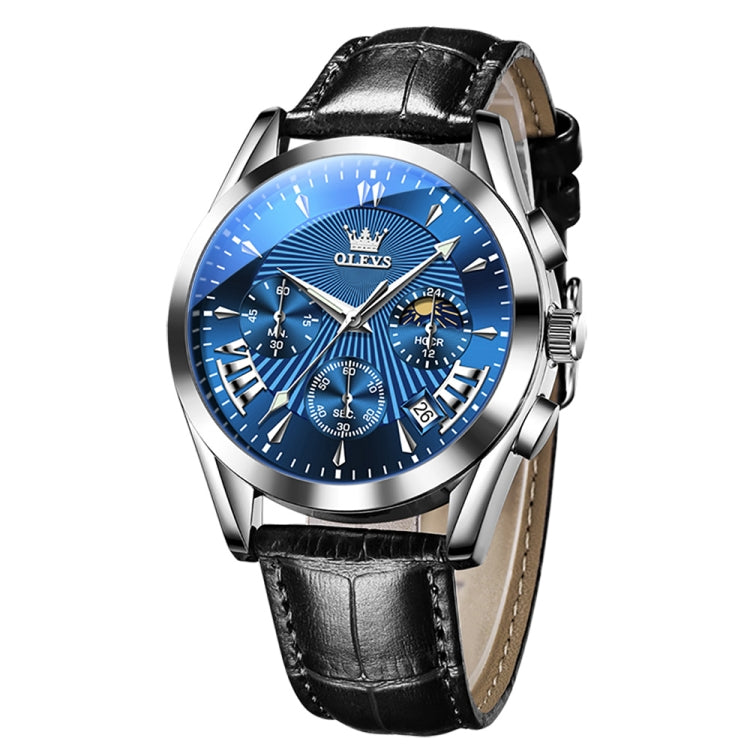 OLEVS 2876 Men Multifunctional Sports Chronograph Quartz Watch(Blue) - Leather Strap Watches by OLEVS | Online Shopping UK | buy2fix