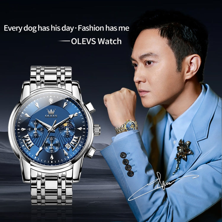 OLEVS 2892 Men Multifunctional Business Waterproof Quartz Watch(Blue + Silver) - Metal Strap Watches by OLEVS | Online Shopping UK | buy2fix