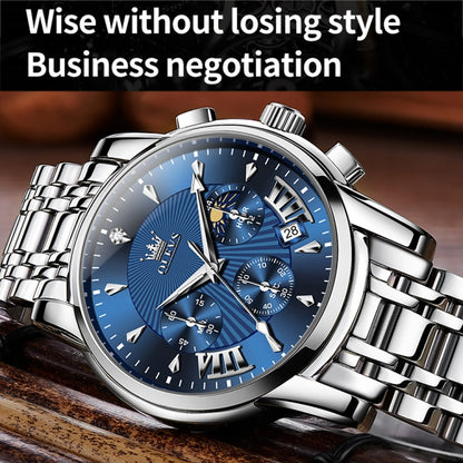 OLEVS 2892 Men Multifunctional Business Waterproof Quartz Watch(Blue + Silver) - Metal Strap Watches by OLEVS | Online Shopping UK | buy2fix