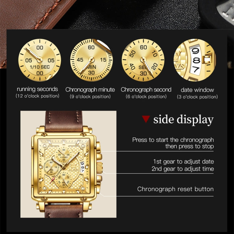 OLEVS 9925 Men Square Dial Multifunctional Waterproof Quartz Watch(Gold) - Leather Strap Watches by OLEVS | Online Shopping UK | buy2fix