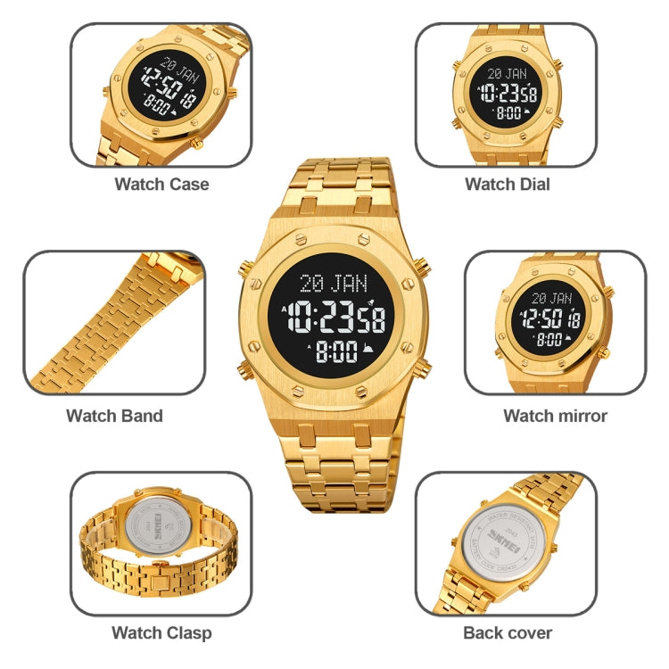 SKMEI 2043 Multifunctional Muslim Worships Compass Digital Wrist Watch(Gold+White) - Metal Strap Watches by SKMEI | Online Shopping UK | buy2fix