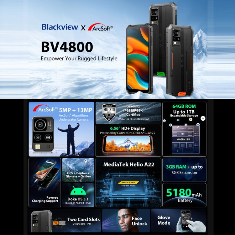 Blackview BV4800, 3GB+64GB, IP68/IP69K/MIL-STD-810H, 6.56 inch Android 13 MediaTek MT6761V/WB Helio A22 Quad Core, Network: 4G, OTG(Orange) - Blackview by Blackview | Online Shopping UK | buy2fix