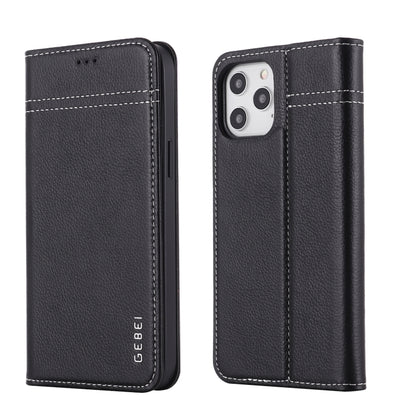 For iPhone 12 / 12 Pro GEBEI Top-grain Leather Horizontal Flip Protective Case with Holder & Card Slots(Black) - iPhone 12 / 12 Pro Cases by GEBEI | Online Shopping UK | buy2fix