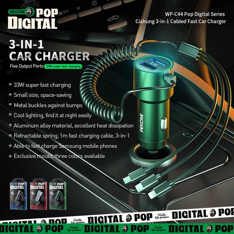WK WP-C44 Pop Digital Series Ciahung 3-in-1 Cabled 33W Dual-USB Fast Car Charger (Green) - Car Charger by WK | Online Shopping UK | buy2fix