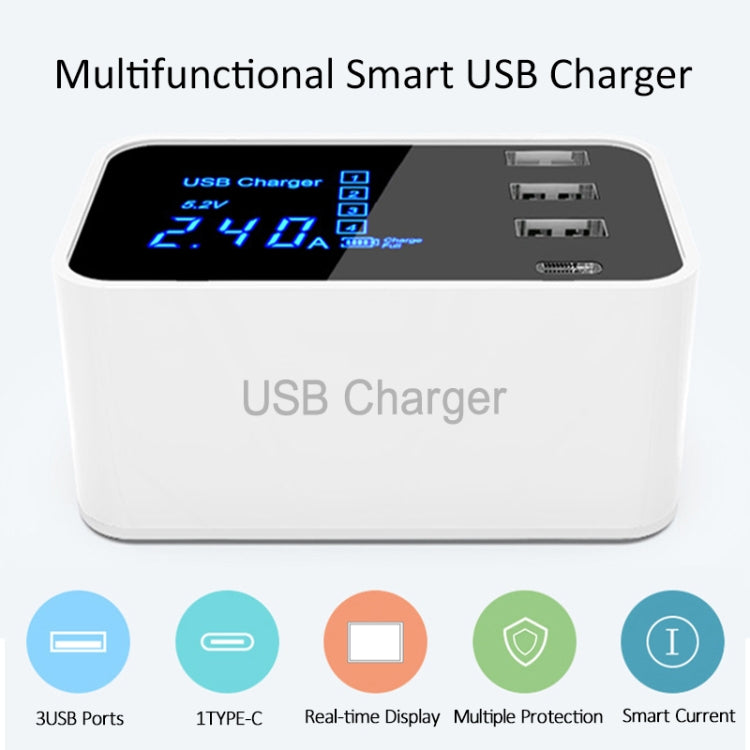 CDA30 20W 3 USB Ports + USB-C / Type-C Ports Multi-function Charger with LED Display, EU Plug - Multifunction Charger by buy2fix | Online Shopping UK | buy2fix