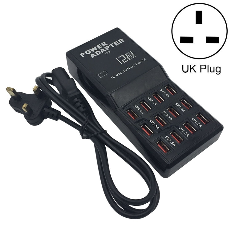 W-858 12A 12 Ports USB Fast Charging Dock Desktop Smart Charger AC100-240V, UK Plug (Black) - Multifunction Charger by buy2fix | Online Shopping UK | buy2fix