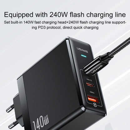 USAMS US-SJ581 T52 3 in 1 140W 3 USB Interfaces GaN Fast Charger Set, EU Plug(Black) - USB Charger by USAMS | Online Shopping UK | buy2fix