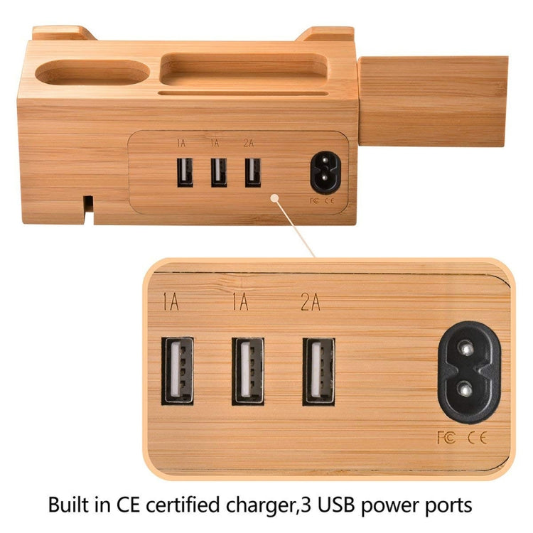 Multi-function Bamboo Charging Station Charger Stand Management Base with 3 USB Ports, For Apple Watch, AirPods, iPhone, AU Plug - Others by buy2fix | Online Shopping UK | buy2fix