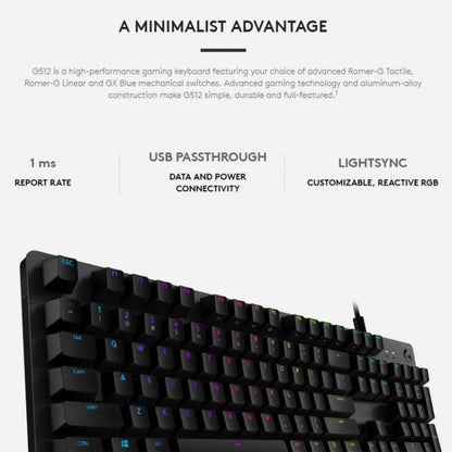 Logitech G512 RGB L-axis Mechanical Wired Gaming Keyboard, Length: 1.8m (Black) - Wired Keyboard by Logitech | Online Shopping UK | buy2fix