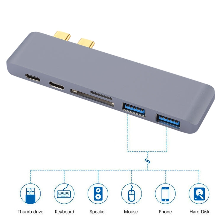 6 in 1 Multi-function Aluminium Alloy 5Gbps Transfer Rate Dual USB-C / Type-C HUB Adapter with 2 USB 3.0 Ports & 2 USB-C / Type-C Ports & SD Card Slot & TF Card Slot for Macbook 2015 / 2016 / 2017(Grey) - Computer & Networking by buy2fix | Online Shopping UK | buy2fix