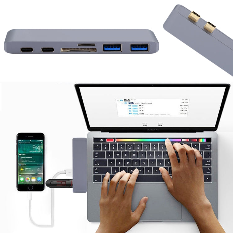 6 in 1 Multi-function Aluminium Alloy 5Gbps Transfer Rate Dual USB-C / Type-C HUB Adapter with 2 USB 3.0 Ports & 2 USB-C / Type-C Ports & SD Card Slot & TF Card Slot for Macbook 2015 / 2016 / 2017(Grey) - Computer & Networking by buy2fix | Online Shopping UK | buy2fix