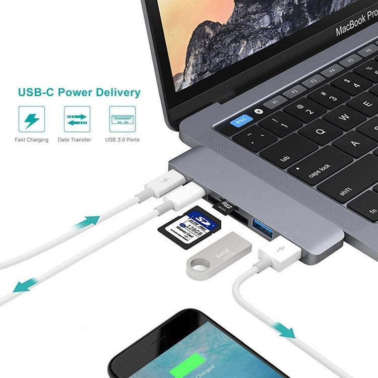 6 in 1 Multi-function Aluminium Alloy 5Gbps Transfer Rate Dual USB-C / Type-C HUB Adapter with 2 USB 3.0 Ports & 2 USB-C / Type-C Ports & SD Card Slot & TF Card Slot for Macbook 2015 / 2016 / 2017(Grey) - Computer & Networking by buy2fix | Online Shopping UK | buy2fix