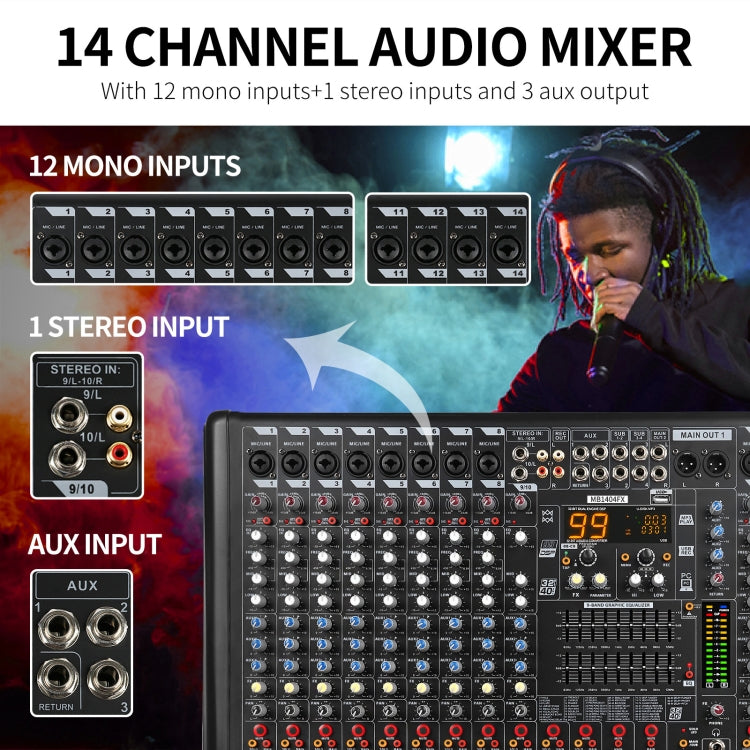 XTUGA B1404FX 14 Channels Bluetooth Audio Mixer Digital DJ Controller Sound Mixing Console (AU Plug) - Live Sound Effects Processors by XTUGA | Online Shopping UK | buy2fix