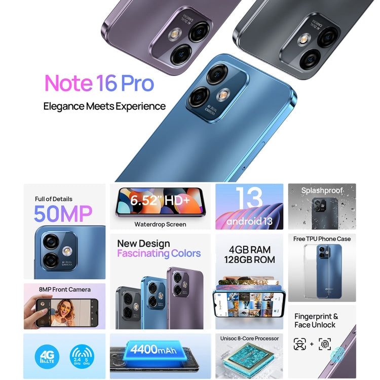 [HK Warehouse] Ulefone Note 16 Pro, 4GB+128GB, Dual Back Cameras, Face ID & Side Fingerprint Identification, 4400mAh Battery, 6.52 inch Android 13 Unisoc T606 Octa Core up to 1.6GHz, Network: 4G, Dual SIM, OTG (Blue) - Ulefone by Ulefone | Online Shopping UK | buy2fix