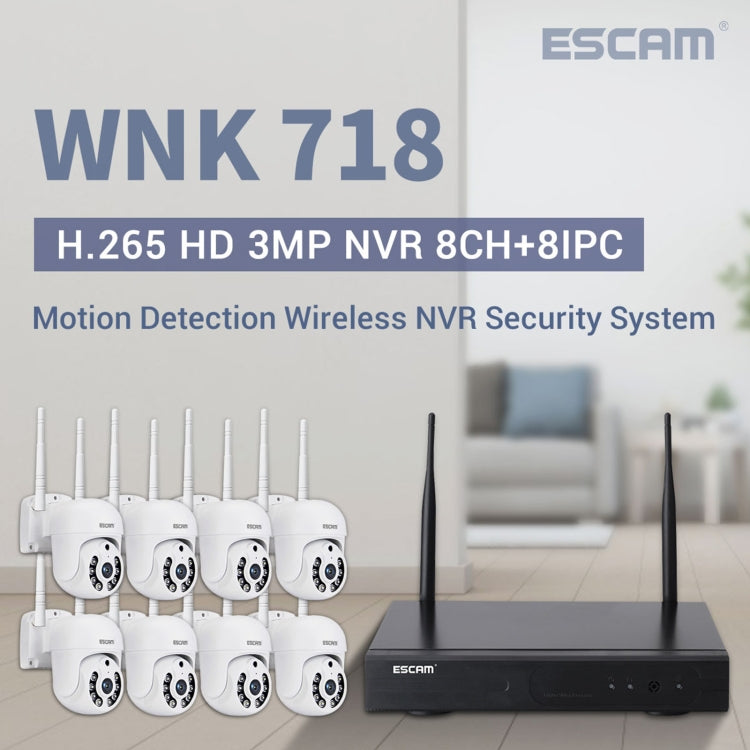 ESCAM WNK718 HD 3.0 Million Pixels 8-channel Wireless + 8IPC Wireless NVR Security System, US Plug - Dome Camera by ESCAM | Online Shopping UK | buy2fix