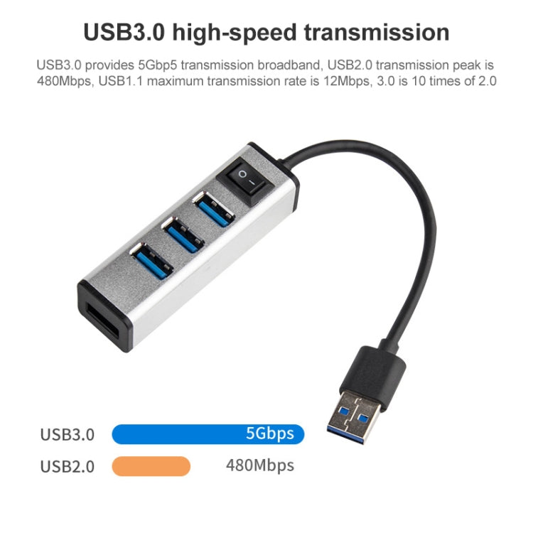 USB to 4 USB 3.0 Ports Aluminum Alloy HUB with Switch(Grey) - USB 3.0 HUB by buy2fix | Online Shopping UK | buy2fix