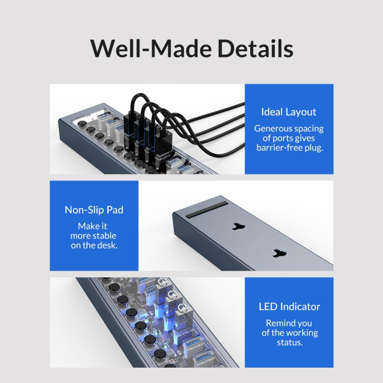 ORICO AT2U3-10AB-GY-BP 10 Ports USB 3.0 HUB with Individual Switches & Blue LED Indicator, UK Plug -  by ORICO | Online Shopping UK | buy2fix