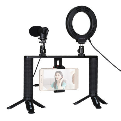 PULUZ 4 in 1 Vlogging Live Broadcast 4.7 inch 12cm Ring LED Selfie Light Smartphone Video Rig Handle Stabilizer Aluminum Bracket Kits with Microphone + Tripod Mount + Cold Shoe Tripod Head - Camera Accessories by PULUZ | Online Shopping UK | buy2fix