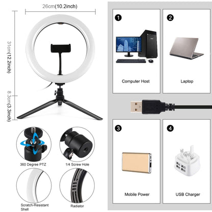 PULUZ 10.2 inch 26cm Light + Desktop Tripod Mount USB 3 Modes Dimmable Dual Color Temperature LED Curved Diffuse Light Ring Vlogging Selfie Photography Video Lights with Phone Clamp & Selfie Remote Control(Black) - Ring Light by PULUZ | Online Shopping UK | buy2fix