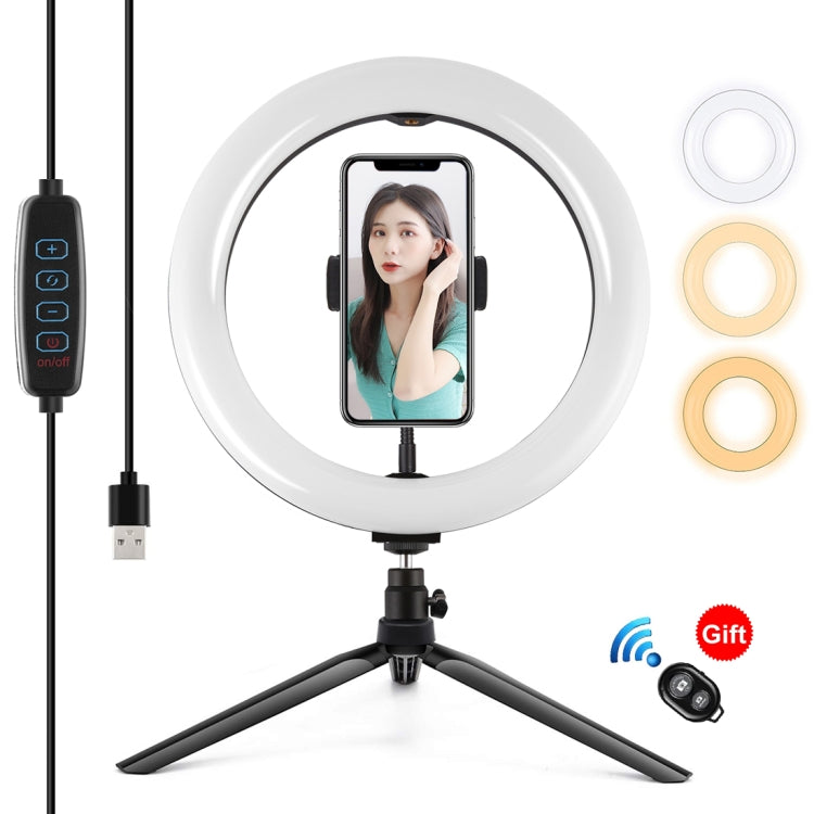 PULUZ 10.2 inch 26cm Light + Desktop Tripod Mount USB 3 Modes Dimmable Dual Color Temperature LED Curved Diffuse Light Ring Vlogging Selfie Photography Video Lights with Phone Clamp & Selfie Remote Control(Black) - Ring Light by PULUZ | Online Shopping UK | buy2fix