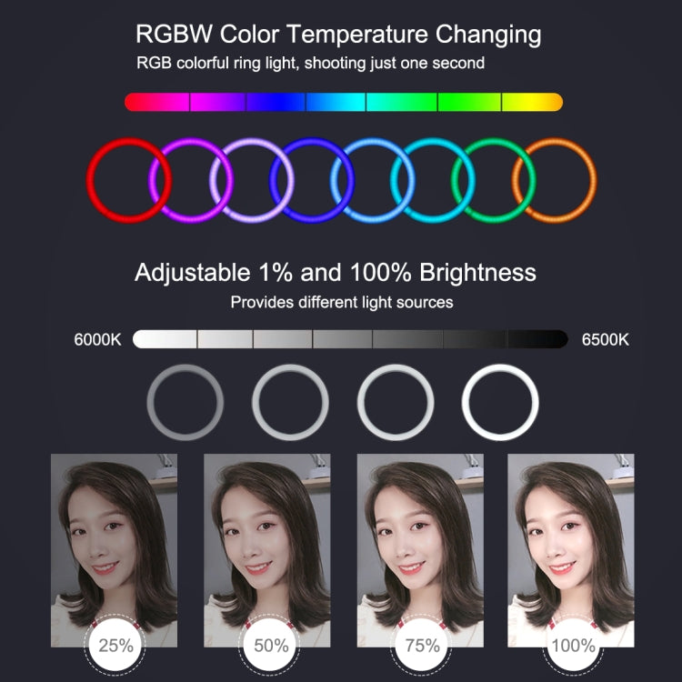 PULUZ 7.9 inch 20cm USB RGB Light+ 1.1m Tripod Mount Dimmable LED Dual Color Temperature LED Curved Light Ring Vlogging Selfie Photography Video Lights with Phone Clamp(Black) - Ring Light by PULUZ | Online Shopping UK | buy2fix