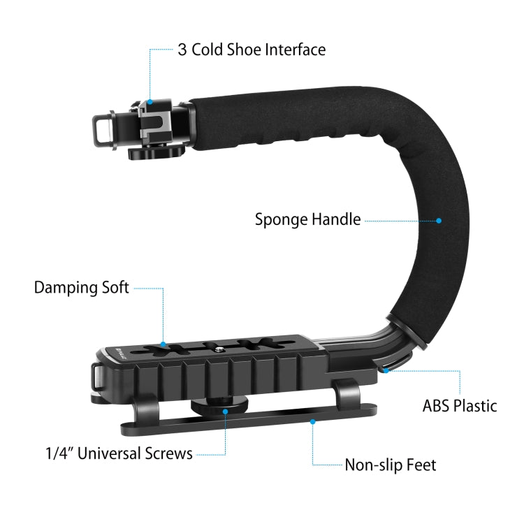 PULUZ U/C Shape 3-Head Cold Shoes Portable Handheld DV Bracket Stabilizer Kit with Cold Shoe Tripod Head & Phone Clamp & Quick Release Buckle & Long Screw for All SLR Cameras and Home DV Camera - Camera Stabilizer by PULUZ | Online Shopping UK | buy2fix