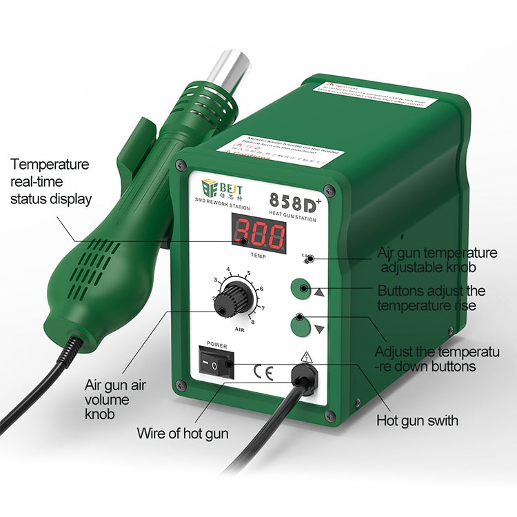 BEST BST-858D+ AC 220V 50Hz 650W LED Displayer Adjustable Temperature Unleaded Hot Air Gun with Helical Wind(Green) - Heat Guns by buy2fix | Online Shopping UK | buy2fix