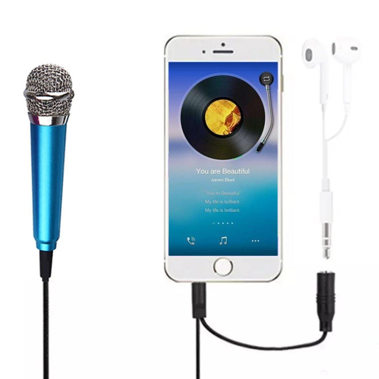 3.5mm Male + 3.5mm Female Ports Mini Household Mobile Phone Sing Song Metal Condenser Microphone, Compatible with IOS / Android System(Blue) - Apple Accessories by buy2fix | Online Shopping UK | buy2fix