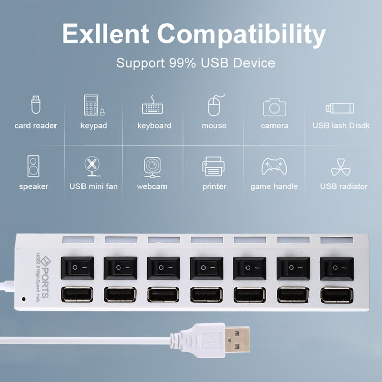 7 Ports USB Hub 2.0 USB Splitter High Speed 480Mbps with ON/OFF Switch / 7 LEDs(Black) - USB 2.0 HUB by buy2fix | Online Shopping UK | buy2fix