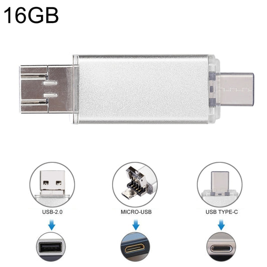 16GB 3 in 1 USB-C / Type-C + USB 2.0 + OTG Flash Disk, For Type-C Smartphones & PC Computer(Silver) - U Disk & Card Reader by buy2fix | Online Shopping UK | buy2fix