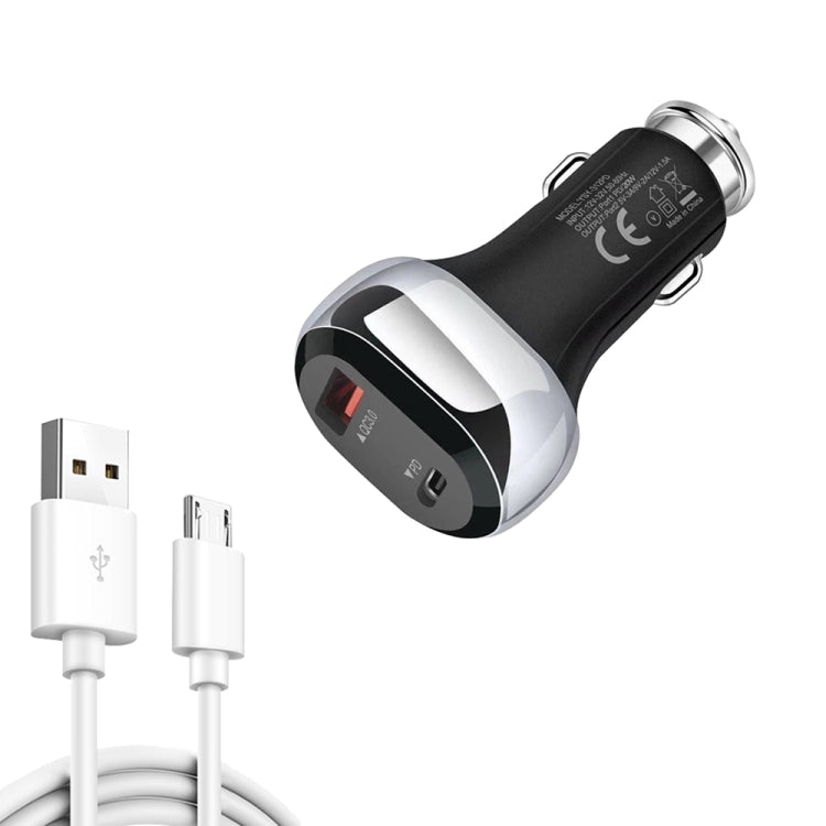 YSY-312PD QC3.0 18W USB + PD 20W USB-C / Type-C Car Charger with USB to Micro USB Data Cable(Black) - In Car by buy2fix | Online Shopping UK | buy2fix