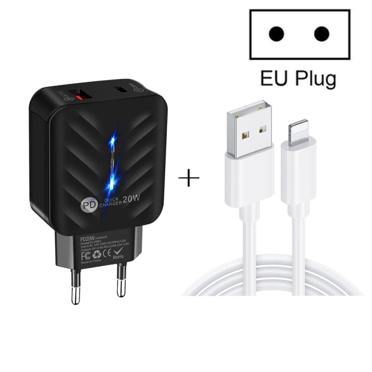 PD03 20W PD3.0 + QC3.0 USB Charger with USB to 8 Pin Data Cable, EU Plug(White) - USB Charger by buy2fix | Online Shopping UK | buy2fix