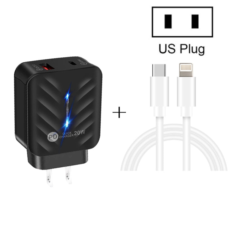 PD03 20W PD3.0 + QC3.0 USB Charger with Type-C to 8 Pin Data Cable, US Plug(Black) - Apple Accessories by buy2fix | Online Shopping UK | buy2fix