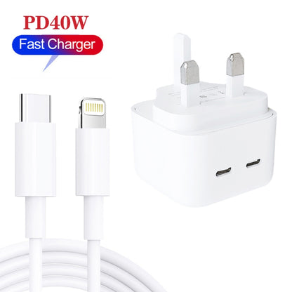 SDC-40W Dual PD USB-C / Type-C Ports Charger with 2m Type-C to 8 Pin Data Cable, UK Plug - Apple Accessories by buy2fix | Online Shopping UK | buy2fix