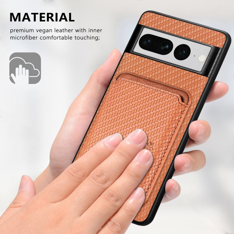 For Google Pixel 7 Pro Carbon Fiber Leather Card Magsafe Phone Case(Brown) - Google Cases by buy2fix | Online Shopping UK | buy2fix