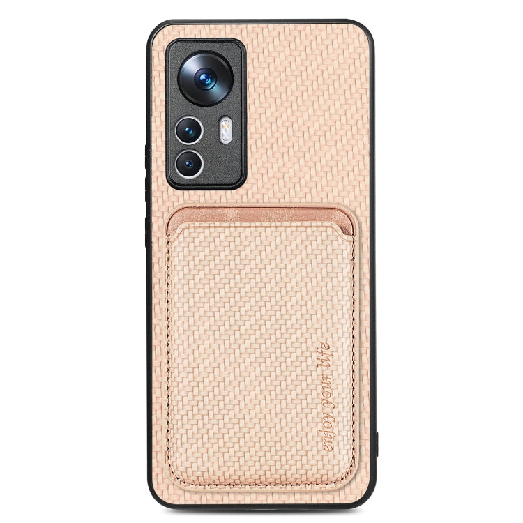 For Xiaomi 12T Carbon Fiber Leather Card Magsafe Phone Case(Khaki) - Xiaomi Cases by buy2fix | Online Shopping UK | buy2fix