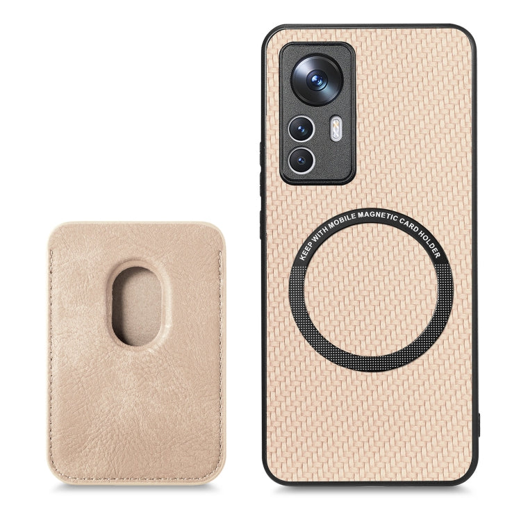 For Xiaomi 12T Carbon Fiber Leather Card Magsafe Phone Case(Khaki) - Xiaomi Cases by buy2fix | Online Shopping UK | buy2fix