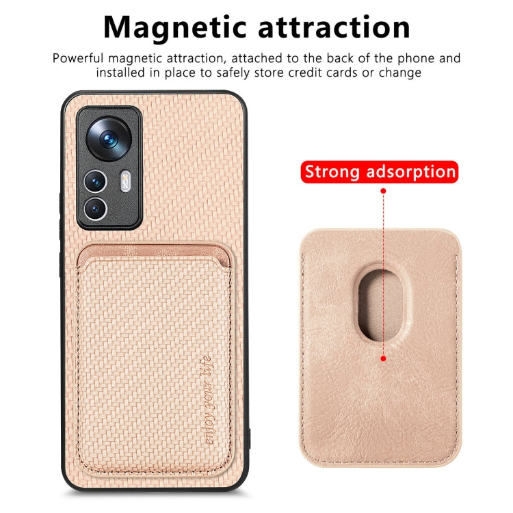 For Xiaomi 12T Carbon Fiber Leather Card Magsafe Phone Case(Khaki) - Xiaomi Cases by buy2fix | Online Shopping UK | buy2fix