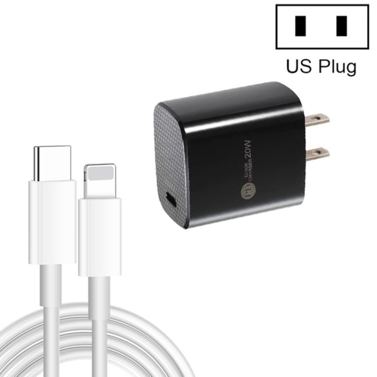 PD11 Single PD3.0 USB-C / Type-C 20W Fast Charger with 1m Type-C to 8 Pin Data Cable, US Plug(Black) - USB Charger by buy2fix | Online Shopping UK | buy2fix