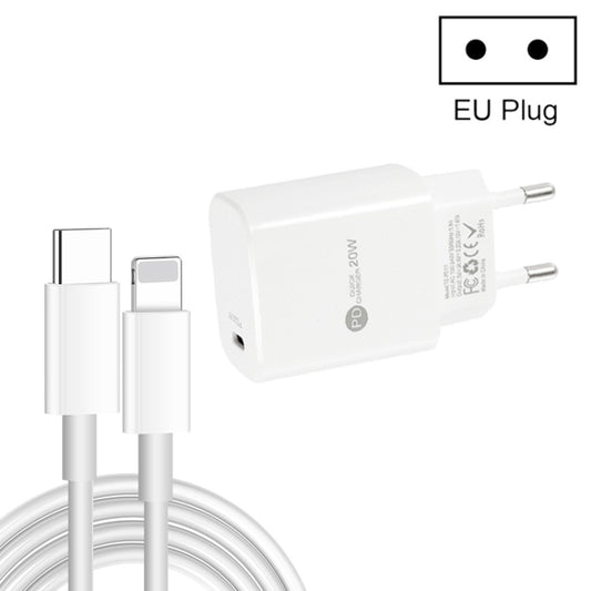 PD11 Single PD3.0 USB-C / Type-C 20W Fast Charger with 1m Type-C to 8 Pin Data Cable, EU Plug(White) - USB Charger by buy2fix | Online Shopping UK | buy2fix