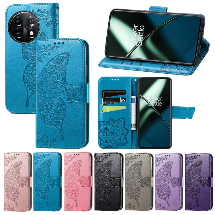 For OnePlus 11 Butterfly Love Flower Embossed Flip Leather Phone Case(Blue) - OnePlus Cases by buy2fix | Online Shopping UK | buy2fix