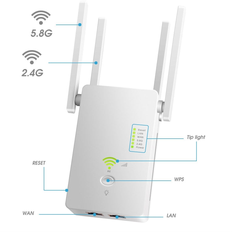 U6 5Ghz Wireless WiFi Repeater 1200Mbps Router Wifi Booster 2.4G Long Range Extender(EU Plug) -  by buy2fix | Online Shopping UK | buy2fix